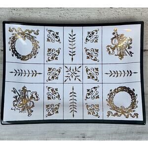 MCM Vintage Rectangle Serving Dish Emily Troy Design Gold & White On Black Glass